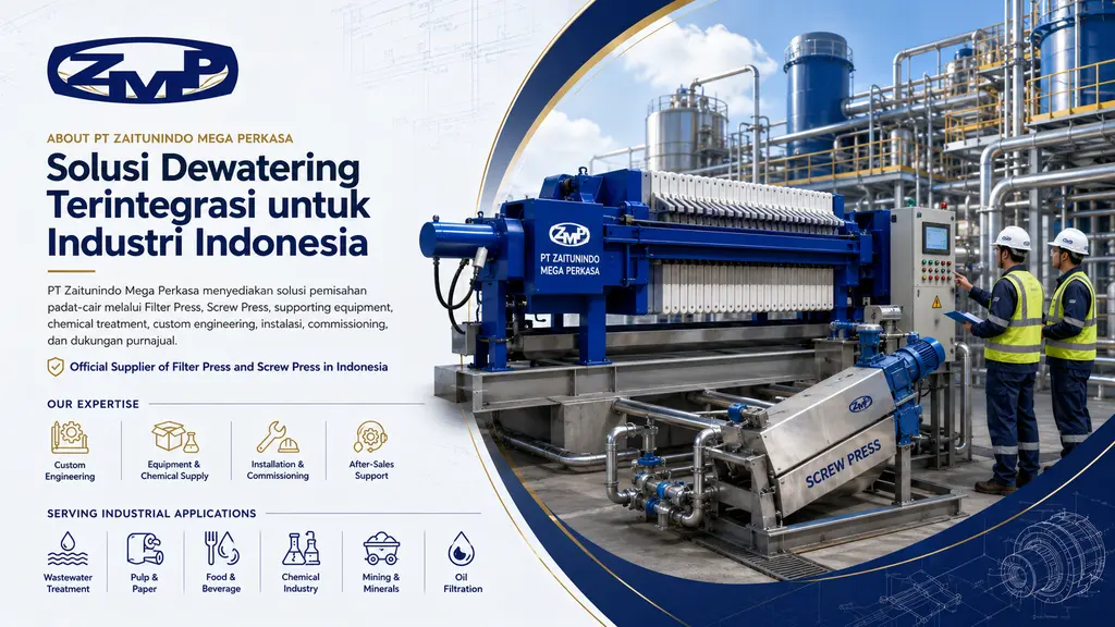 Sistem filter press dan screw press Zaitunindo dengan engineer di fasilitas industri